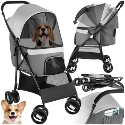Image of tectake® Dog Stroller with Collapsible Canopy &amp; 2 Adjustable Seat Belts, Foldable Pram Double Castors, Water Repellent Fabric, Storage Basket Pocket, Ideal Pet for Cats Dogs
