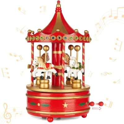 Image of BRUBAKER Wooden Music Box Nostalgic Carousel with Horses Melody: Jingle Bells 9.5 inches (24 cm) Decoration for Christmas Red Gold