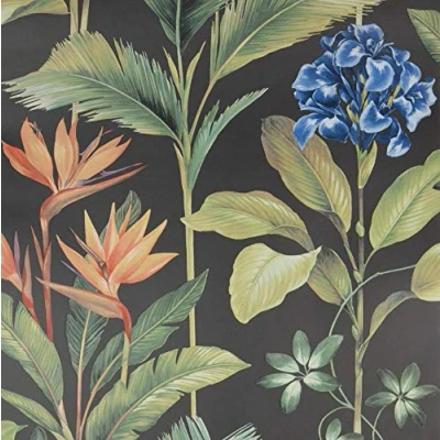 Image of Oliana Charcoal Wallpaper Green Blue Orange Floral Tropical
