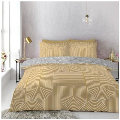 Image of GC GAVENO CAVAILIA Geometric Duvet Cover King Size, 3 Piece Striped Bedding Sets, Reversible Quilt Covers, Machine Washable, Ochre/Grey