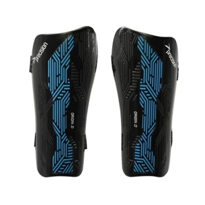 Image of Precision Origin Strap Shin Guards Light Weight Protection (Black/Blue, Medium)