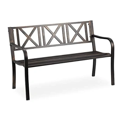 Image of Relaxdays Garden Bench, 2 Seats, Terrace, Balcony, Solid Steel, Pretty Stable 80.5x127x63cm, Black Bronze, 1 unit