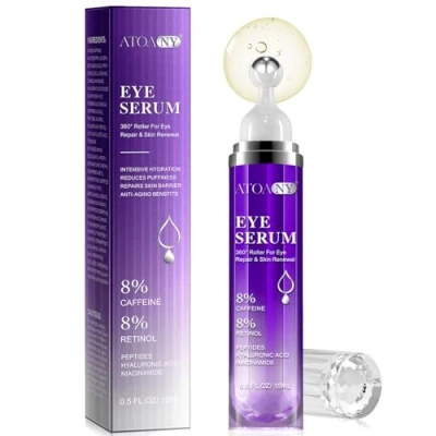 Image of Eye Serum for Dark Circles and Puffiness with 8% Caffeine Retinol Hyaluronic Acid Niacinamide, Under Cream Anti Aging Bags 360 Roller Massage Ball Women &amp; Men