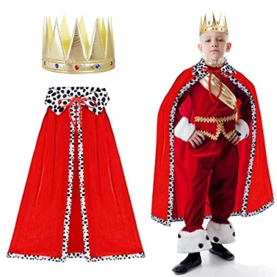 Image of LOOPES King Costume Kids,Kings Prince Crown and Red Cape Princess Queen Fancy Dress Costumes For 90 135cm Boys Girls Cosplay Nativity Christmas Stage Performance World Book Day