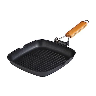 Image of Bergner Cast Aluminium Grill Pan, 24cm Induction Hob Cookware Pan Ergonomic Foldable Wood Handle Heat Resistant