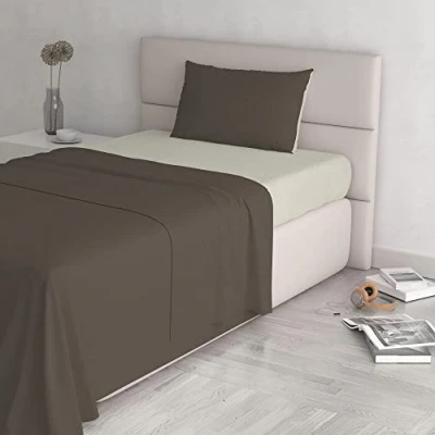 Image of Italian Bed Linen Natural Color Set (Flat 180x300, Fitted Sheet 120x200cm+Pillowcase 52x82cm), Petrol Bottle Green, 100% Cotton, Brown/Cream, SMALL DOUBLE