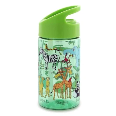 Image of Tyrrell Katz Kids Jungle Printed Flip Top Drinking Bottle in Green with Straw Dishwasher Safe Lightweight Children&#039;s School Water Flask 400 ml