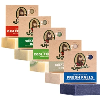 Image of Dr. Squatch All Natural Soap Bar for Men, 5 Variety Pack Birchwood Breeze, Cool Fresh Aloe, Falls, Grapefruit IPA, Spearmint Basil