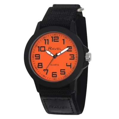 Image of Ravel Men&#039;s Modern Workwear Watch with Easy Fasten Strap Black/Orange Dial