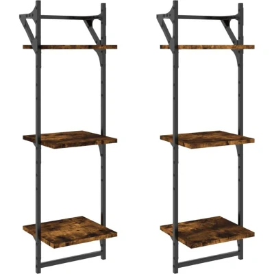 Image of vidaXL 3 Tier Wall Shelves with Bars 2 pcs Smoked Oak 30x25x100 cm