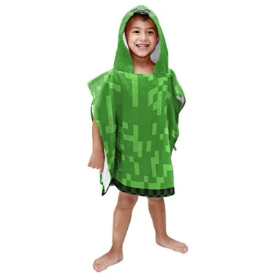 Image of Jay Franco Minecraft Creeper Hooded Poncho Bath Towel 56cm x 100% Cotton Kids Changing Robe