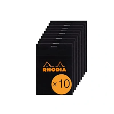 Image of RHODIA 126009C Stapled Notepad N12 Black 8.5x12 cm Ruled 80 Detachable Sheets 80G White Clairefontaine Paper Coated Card Cover Pack of 10 pads