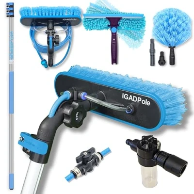 Image of IGADPole 12ft(3.6m) Washing Kit: Water Fed Brush, Cobweb Duster and 10(25cm) Squeegee Soap Dispenser, Window Cleaning Pole, Telescopic Cleaner Equipment