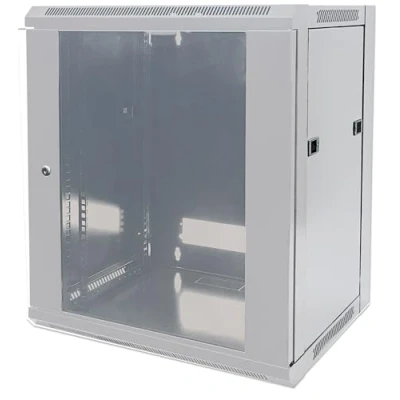 Image of Intellinet Network Cabinet, Wall Mount (Standard), 12U, 600 mm Deep, Grey, Flatpack, Max 60 kg, Metal &amp; Glass Door, Back Panel, Removeable Sides, Suitable also for use on a desk or floor, 19 Inch