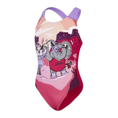 Image of Speedo Infant Girl&#039;s Learn to Swim Printed Crossback Swimsuit Chlorine Resistant Recycled Fabric Stretchy Fabric, Cherry Pink/Cupid Coral/Sweet Taro, 3 Years