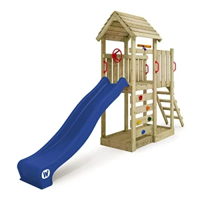 Image of WICKEY wooden climbing frame JoyFlyer with blue slide, Outdoor kids playhouse roof, sandpit, ladder &amp; play accessories for the garden