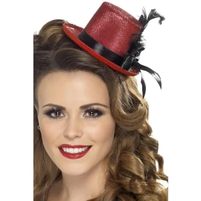 Image of Smiffys Mini Tophat, Red with Black Ribbon and Feather, 1920&#039;s Razzle Fancy Dress, 1920s Dress Up Hats