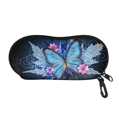 Image of Pizding Glasses Case Portable Soft Sunglasses Anti Scratch Eyeglasses Bag with Clip Purse Makeup Storage Pouch Multifunction Blue Vintage Butterfly Maple Leaf Flower Print for Women Girls
