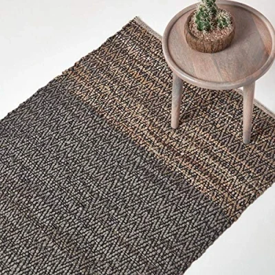Image of HOMESCAPES Grey Genuine Leather Rug Handwoven Herringbone Design Recycled Eco Friendly Real Rug, 90 x 150 cm