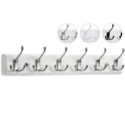 Image of LARHN Wall Mounted Coat Rack 6 Matt Nickel Triple Hooks for on White Wooden Bamboo Base 59 cm All Fixings Included