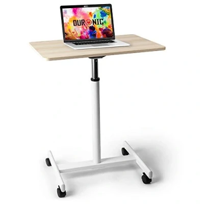 Image of Duronic Sit Stand Desk WPS67 Brown/White Ergonomic Multi Use Video Projector Table on Wheels 70x48cm Platform Portable Adjustable Height 30kg Capacity For Home/Office/Workspace