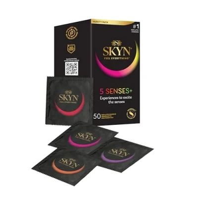 Image of SKYN 5 Senses Condoms Pack of 50 / Skynfeel Latex Free for Men, Regular Size Condoms, Thin Raised Dots, Cocktail Flavoured, Ultra Thin, Warming, Cooling, 53mm Wide