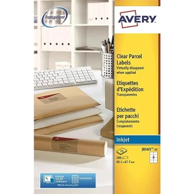 Image of Avery Printable, Customisable, Clear, Transparent Parcel Shipping Labels, Inkjet Printers, 8 Labels Per A4 Blank Sheet, 200 J8565 25
