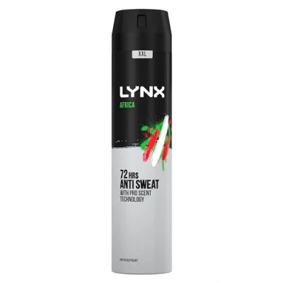 Image of Lynx XXL Africa Antiperspirant Deodorant Spray 72 hour protection against odour and wetness no fuss aerosol for all day freshness 250 ml
