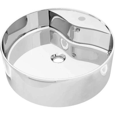 Image of vidaXL Ceramic Wash Basin with Overflow, Silver, Round shaped, High Gloss Finish, Trendy Design, Easy to Clean, Faucet Hole Provided, 465 x 155 mm Dimensions
