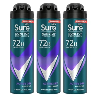 Image of Sure Antiperspirant 72H Nonstop Sweat and Odour Protection Alcohol Free Body Spray Anti White Marks with Fresh Sporty Scent Multi Fragrance Deodorant for Men, 150ml Pack of 3 (Active Dry)