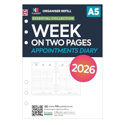 Image of 2026 A5 size week on two pages appointments diary organiser refill insert Filofax COMPATIBLE English UK holidays