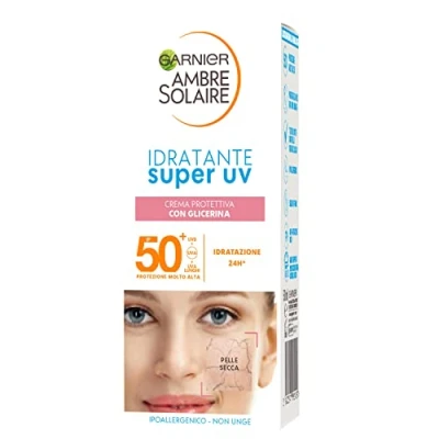Image of Garnier Ambre Solaire Super UV Face Protection Cream with 24H Moisturising Action, for Dry Leather, Enriched Glycerin, Very High SPF50+ 40 ml