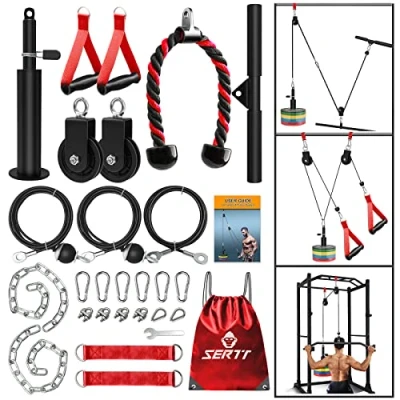 Image of SERTT Weight Cable Pulley System Gym, Upgraded Attachments for Gym LAT Pull Down, Biceps Curl, Tricep, Arm Workouts Home Add On Equipment, Blue