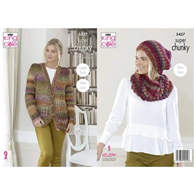 Image of King Cole 5457 Knitting Pattern Womens Cardigan Hat and Cowl in Explorer Super Chunky