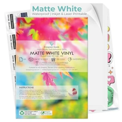 Image of Evergreen Goods 20 Sheets Waterproof A4 Matte White Sticker Vinyl Photo Paper Inkjet Printable Premium Self Adhesive Commercial Grade Tear Proof Quality