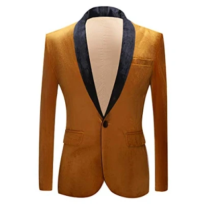 Image of PYJTRL Mens Fashion Velvet Suit Jacket Slim Fit Blazers (Gold, 36)