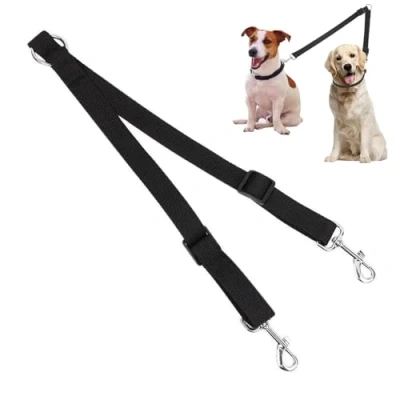 Image of Double Dog Lead For Walking 2 Dogs No Tangle, Adjustable Dual Durable Nylon Dogs, Length Twin Split Leads, Training (Black)