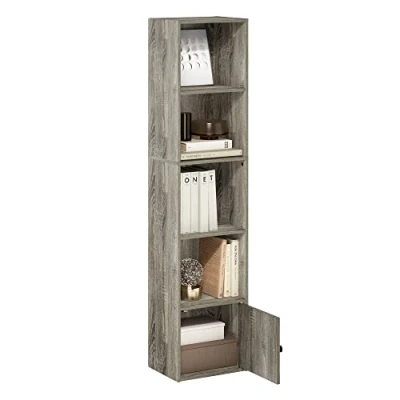 Image of Furinno Luder 5 Tier Shelf Bookcase with 1 Door Storage Cabinet, French Oak