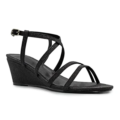 Image of Womens Wedge Heel Sandals Ladies Mid High Party Fashion Glitter Soft Comfy Lightweight Summer Holiday Strappy Open Toe Cosy Shoes