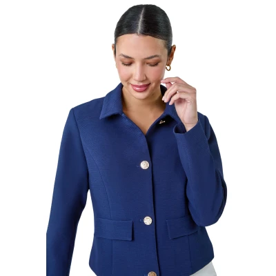 Image of Roman Originals Textured Button Detail Jacket for Women UK Ladies Everyday Holiday Spring Summer Classic Collar Comfy Soft Evening Vacation Work Party Navy Size 18