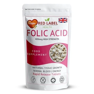 Image of Folic Acid Tablets 400 mcg 100 Vegan Vitamin B9 Pregnancy Care Normal Function of Immune System &amp; Maternal Tissue Growth During Made in The UK