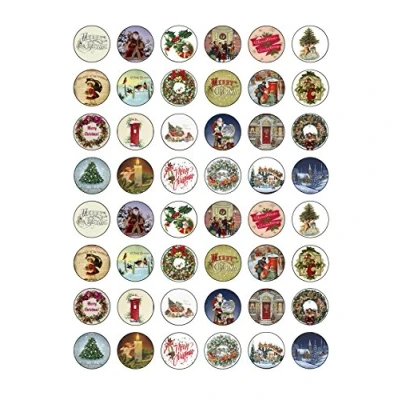 Image of 48 Traditional Vintage Christmas Edible Wafer Paper Round Cake Toppers Decorations Great for Parties