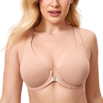 Image of Delimira Women&#039;s Front Fastening Bras Seamless Unlined Racer Back Plus Size Underwired Plunge Bra Oatmeal Heather 38D