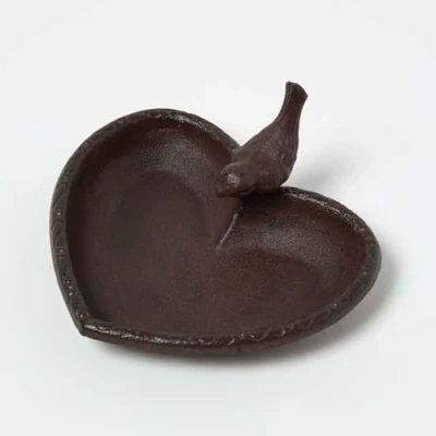 Image of HOMESCAPES Cast Iron Heart Shaped Bird Bath with Decorative Distressed Rustic Style