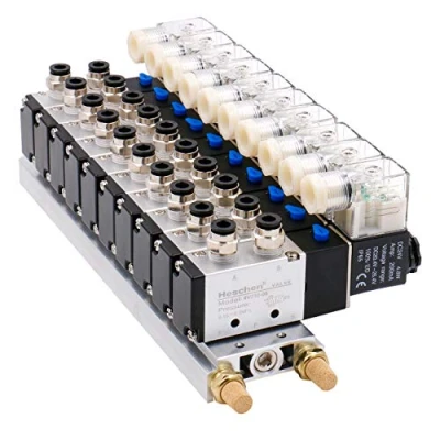 Image of Heschen 10 Space Manifold Solenoid Valve, 4V210 08, 24VDC, PT1/4&#039;&#039; Port, 5 Way 2 Position, with Base Muffler Quick Fittings Set