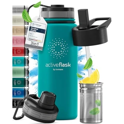 Image of Stainless Steel Water Bottle with Straw &amp; 3 Lids: 1 0,5L Leak Proof BPA Free Vacuum Insulated ACTIVE FLASK Drinking Bottles Hot Cold: Double Walled Outdoor Drink Thermo Mug Tea Coffee Sport Gym Bike