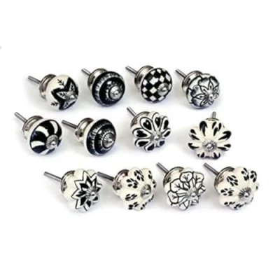 Image of Nacnic Set of 12 hand painted black and white ceramic knobs with different designs. Handcrafted handles for cabinets, drawers, dressers hangers. Classic 40mm diameter