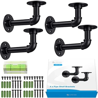 Image of eSynic Pipe Shelf Brackets Black 4Packs Industrial for Shelves Heavy Duty Bracket with Mount Accessories Scaffold Board a Mini Bubble Spirit Level