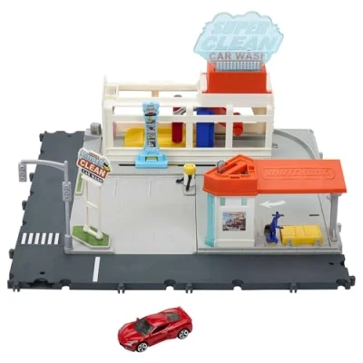 Image of Matchbox Cars Playsets, Super Clean Carwash, Realistic Lights and Sounds, Kid Car Activated Features Connects to Other Sets, 1 Car, HNJ54