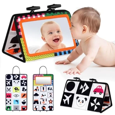 Image of Vicloon Tummy Time Mirror, Baby Mirror Black and White Sensory Toys Activity Toy Safe Foldable with High Contrast Patterns Play Pat Mat for Newborn Infants
